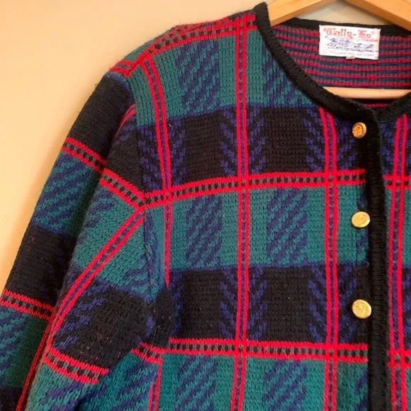 Vtg Tally Ho Tartan Cardigan Sweater Acrylic Plaid Button Academia Medium - Picture 3 of 7